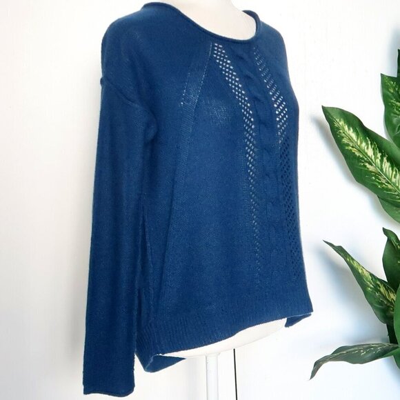 360 Cashmere Blue Cable & Open Knit Long Sleeve Boat Neck Sweater Pullover Small - Picture 3 of 12